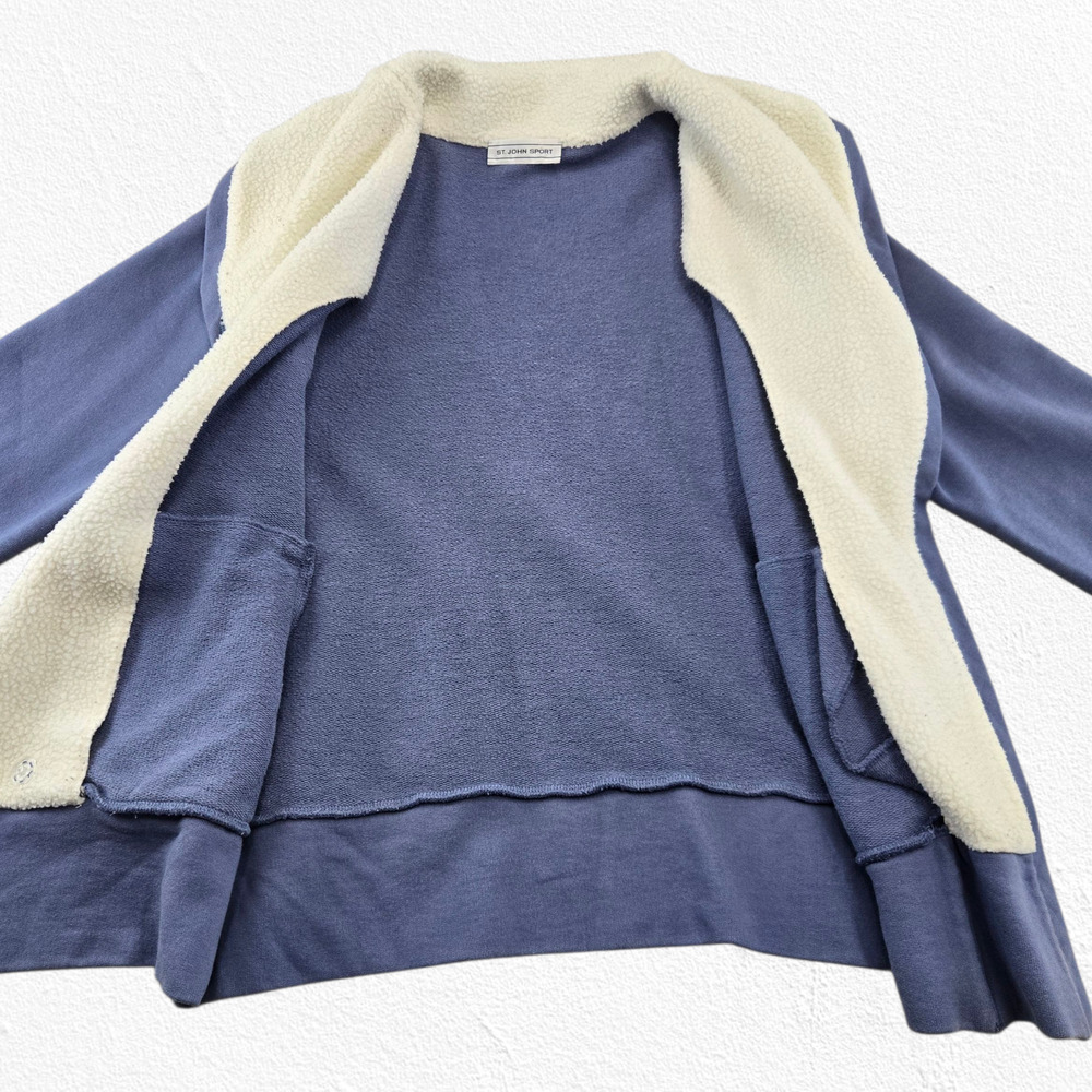 Y2K St John Sport Blue Knit Jacket Shearling Collar Asymmetrical Zip Size Medium - Picture 7 of 11